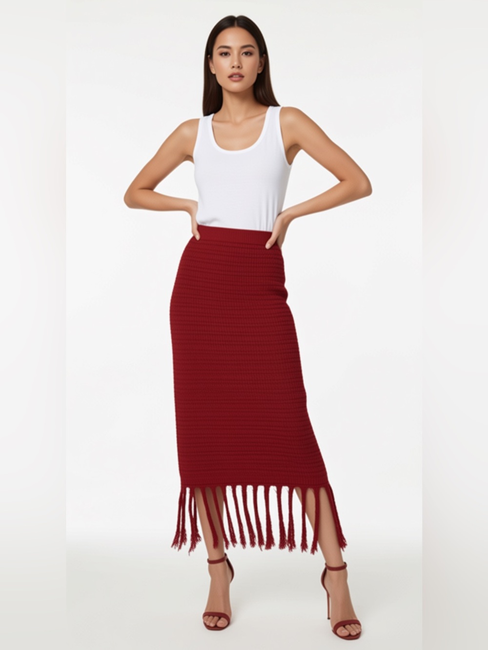 Freshman 1996 Fringe Hem Red Knit Maxi Skirt